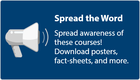 A clickable button with an illustration of a megaphone. Text overlaid says 'Spread the word, Spread awareness of these courses. Download posters, fact-sheets and more.'