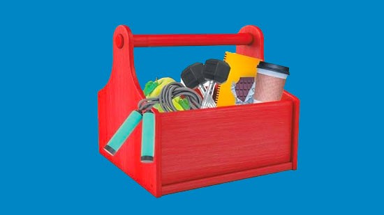 Illustration of a toolbox with exercise equipment and food in it.