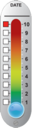 Illustration of a vertical meter with a color band ranging from blue, reflecting low values, to red, reflecting high values